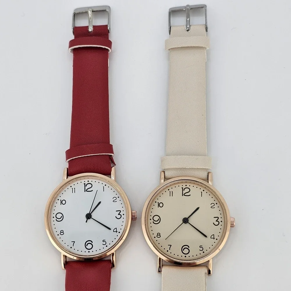 2X Women's‎ Watch 36MM White Cream Dial Red Cream Faux Leather Bands NEW Battery